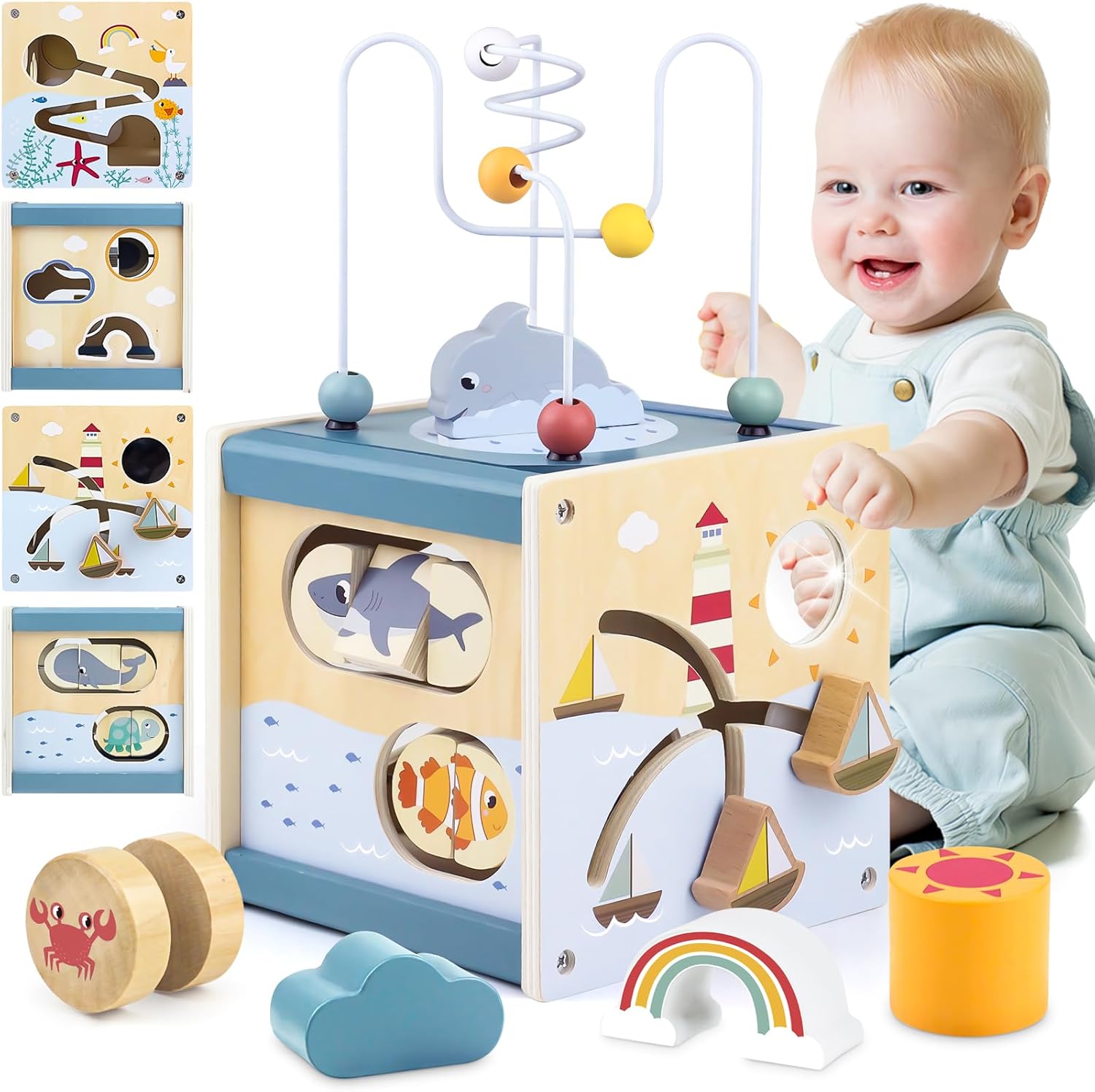 bebé descubriendo juguete Montessori de aprendizaje temprano